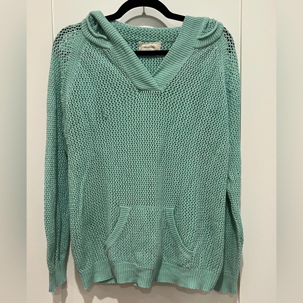Mint V-Neck Hooded Open Knit Sweater Linen Cotton Blend Size L